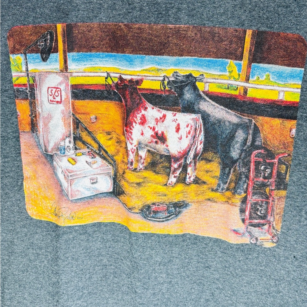 Western Graphic T-Shirt Ranch Cow Art Tee Men’s Medium Gray Short Sleeve - Picture 1 of 4